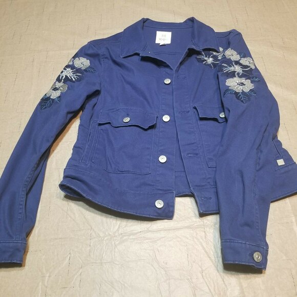 LuLaRoe Jacket Blue Blazer Small Embroidered Floral Button - Picture 1 of 12